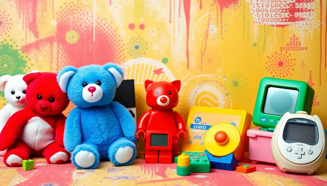 A nostalgic collection of iconic 90s toys featuring Beanie Babies, LEGO, and Tamagotchi.