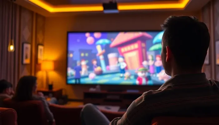 An adult in a home theater setting, absorbed in an animated film with bright visuals on a large screen.