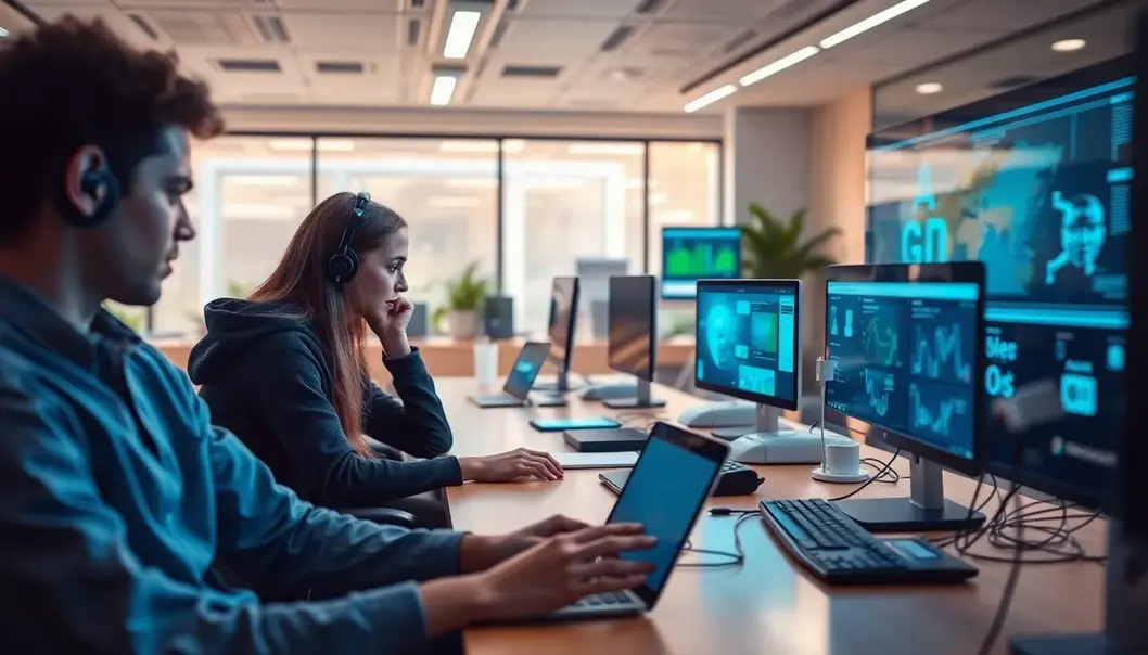 Teenagers in a futuristic office using AI technology to collaborate and innovate.