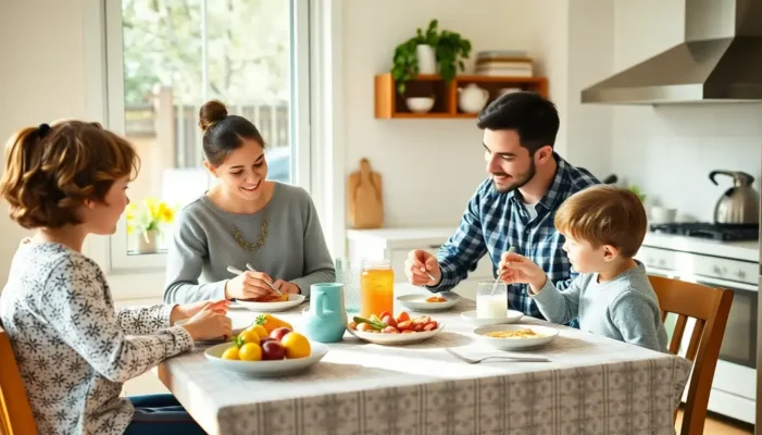 A family enjoying a coordinated breakfast, depicting a calm start to the day.
