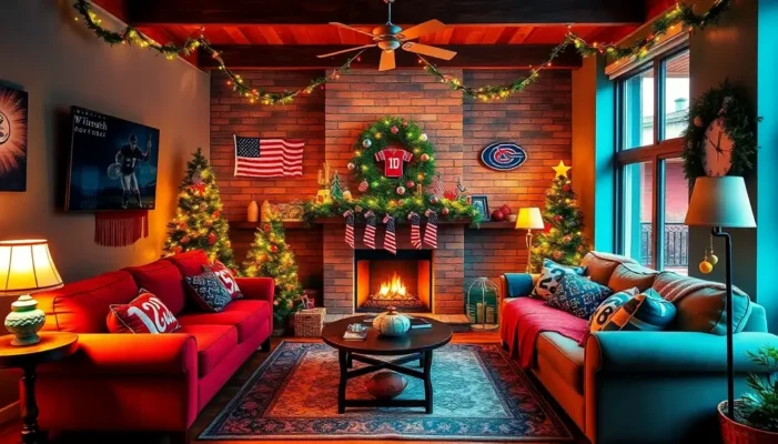 Living room with sports-themed decorations mixed with holiday lights and ornaments.