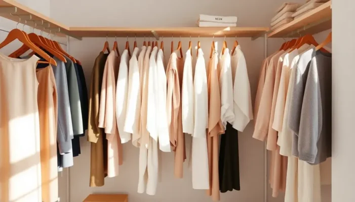 A minimalist wardrobe with sunlight highlighting neutral clothes.