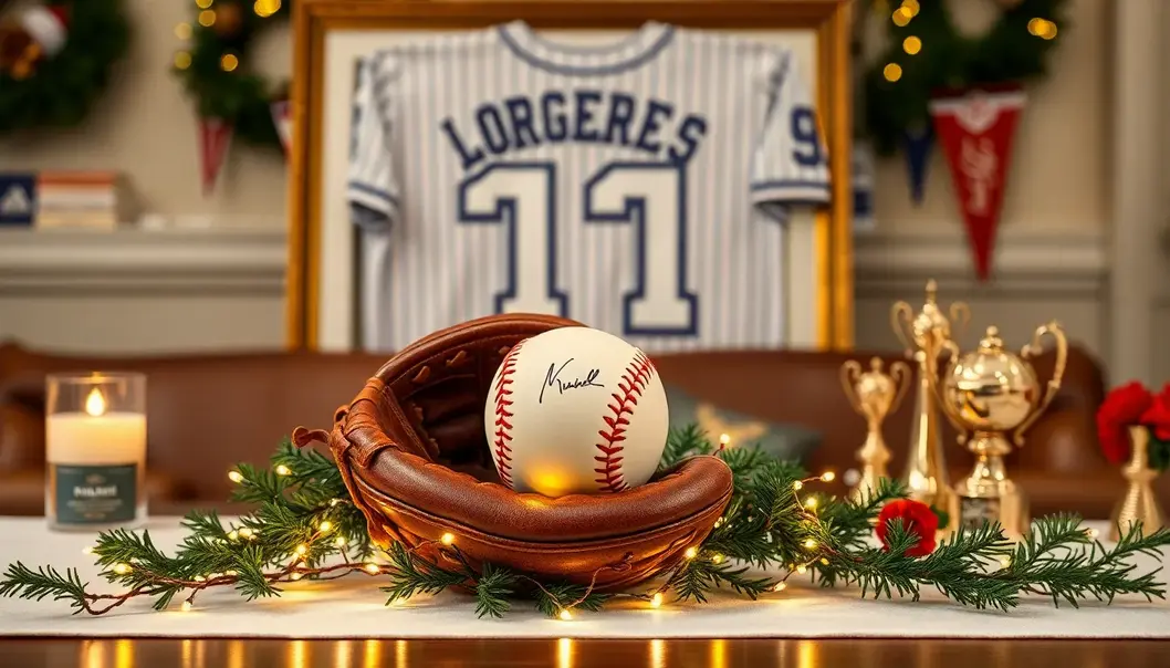 Centerpiece of sports memorabilia with holiday accents.